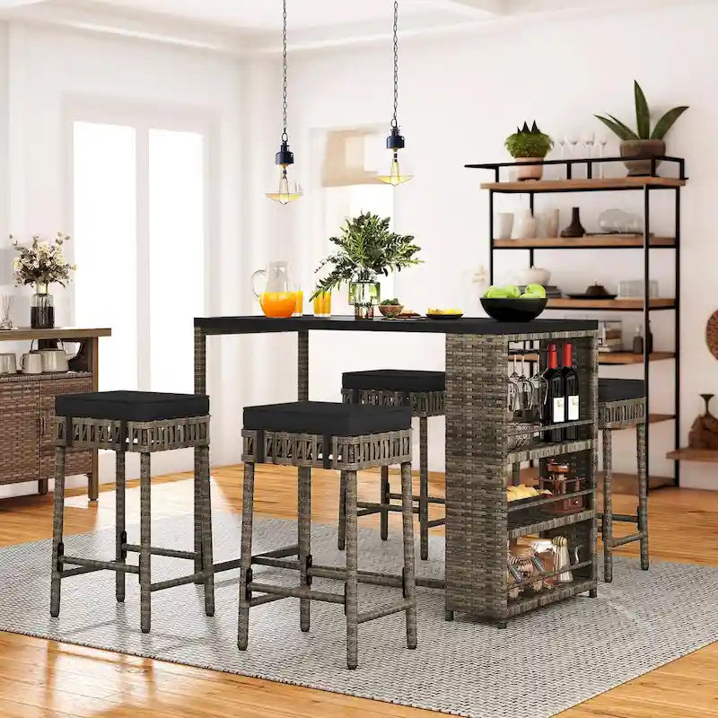 Moasis 5 Piece Rattan Wicker Bar Set,Patio Dining Furniture with Wine Glass Holder and 4 Cushioned Bar Stools