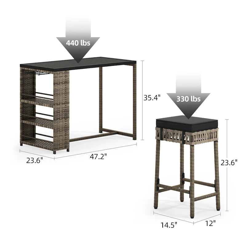 Moasis 5 Piece Rattan Wicker Bar Set,Patio Dining Furniture with Wine Glass Holder and 4 Cushioned Bar Stools