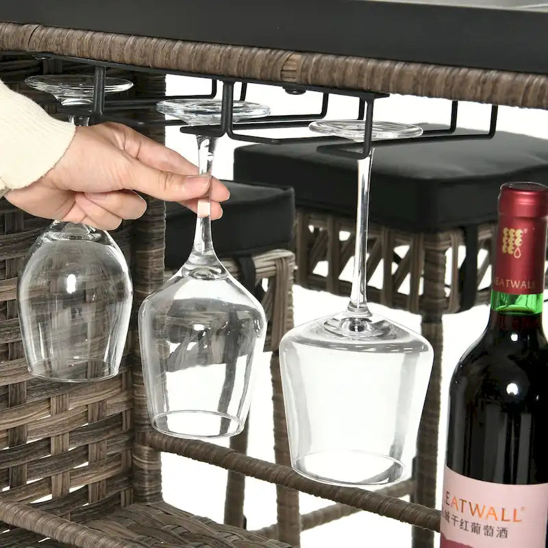 Moasis 5 Piece Rattan Wicker Bar Set,Patio Dining Furniture with Wine Glass Holder and 4 Cushioned Bar Stools