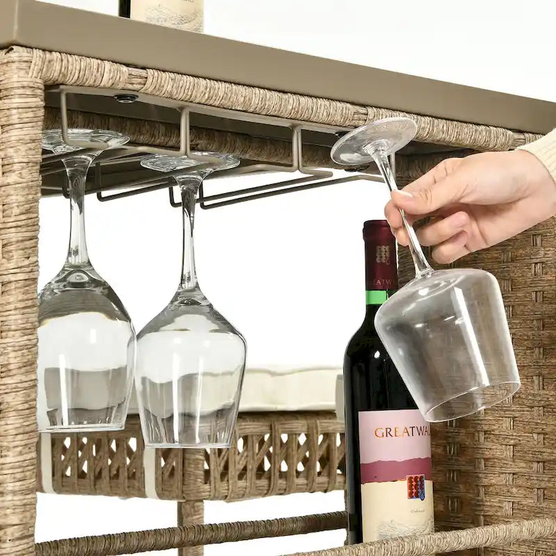 Moasis 5 Piece Rattan Wicker Bar Set,Patio Dining Furniture with Wine Glass Holder and 4 Cushioned Bar Stools