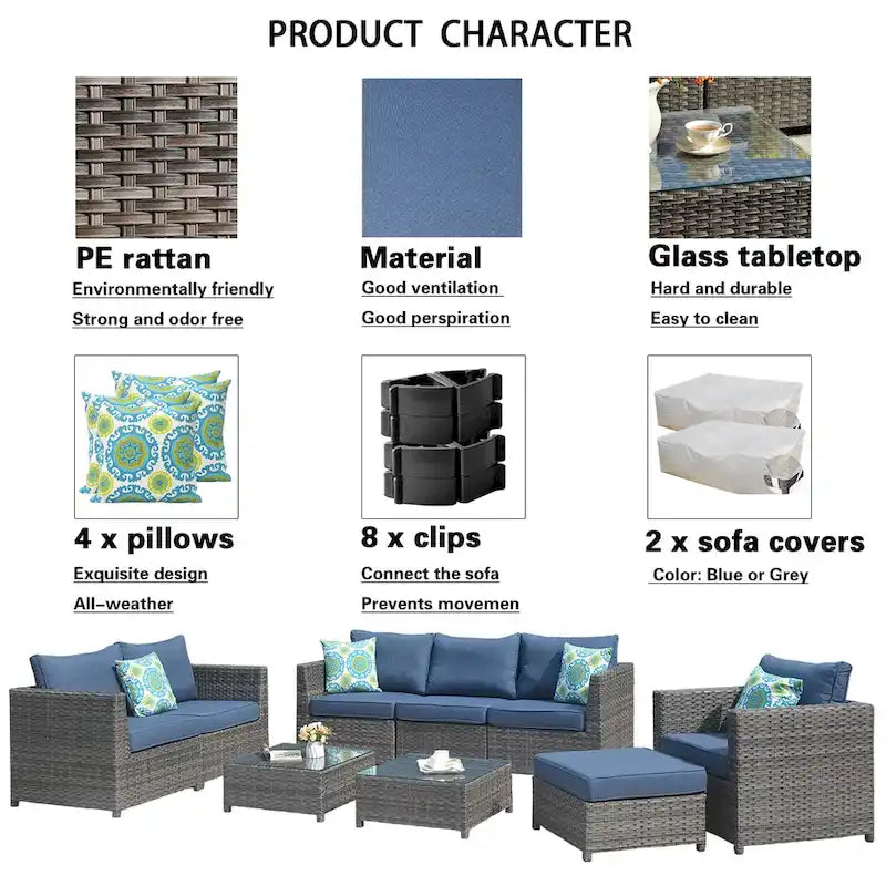 OVIOS Patio Furniture Deep Seat Wicker 9-piece Set