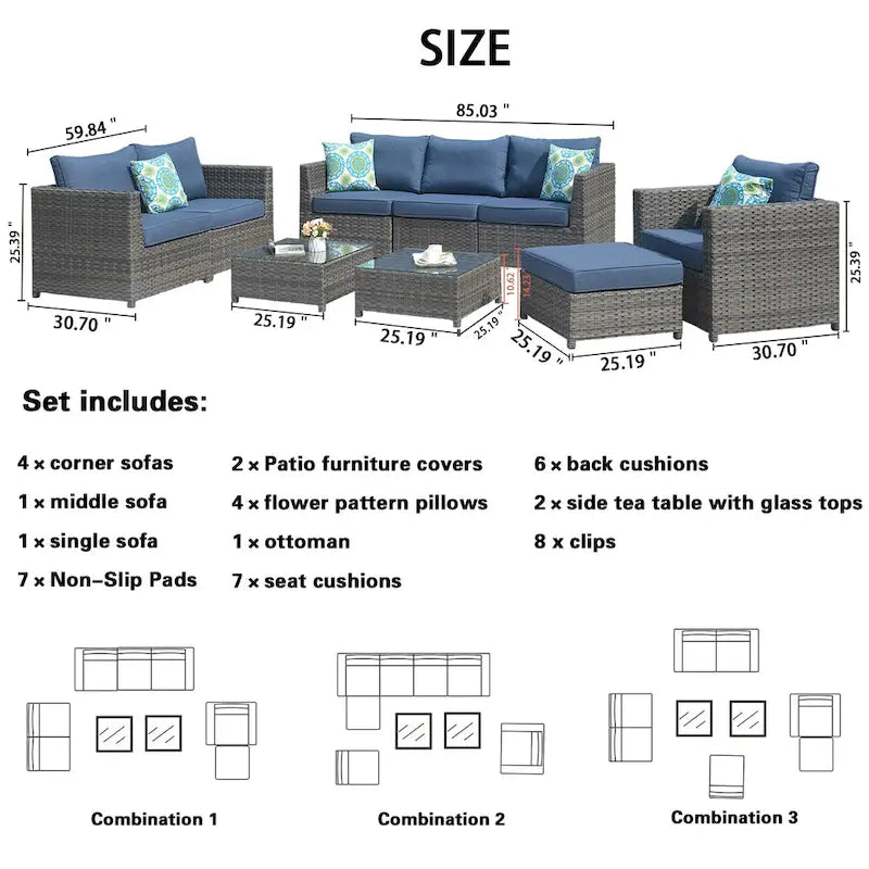 OVIOS Patio Furniture Deep Seat Wicker 9-piece Set