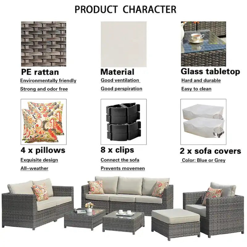 OVIOS Patio Furniture Deep Seat Wicker 9-piece Set