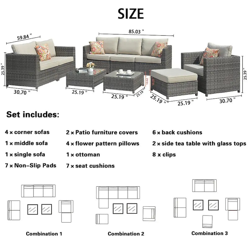 OVIOS Patio Furniture Deep Seat Wicker 9-piece Set