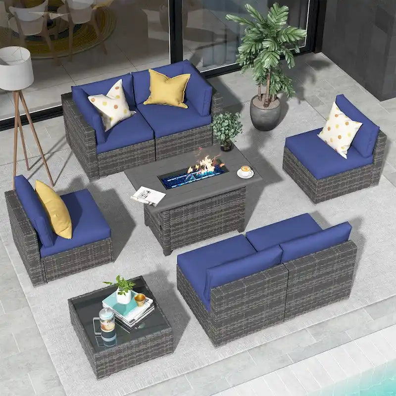 Outdoor 8 Pieces Sectional Wicker Sofa Set with Fire Pit