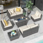 Outdoor 8 Pieces Sectional Wicker Sofa Set with Fire Pit