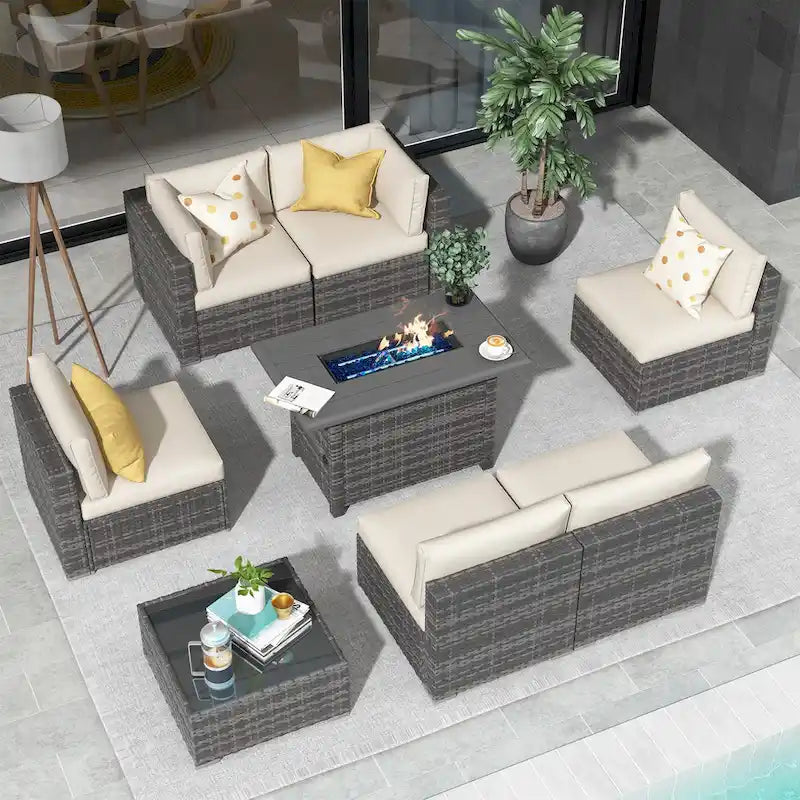 Outdoor 8 Pieces Sectional Wicker Sofa Set with Fire Pit