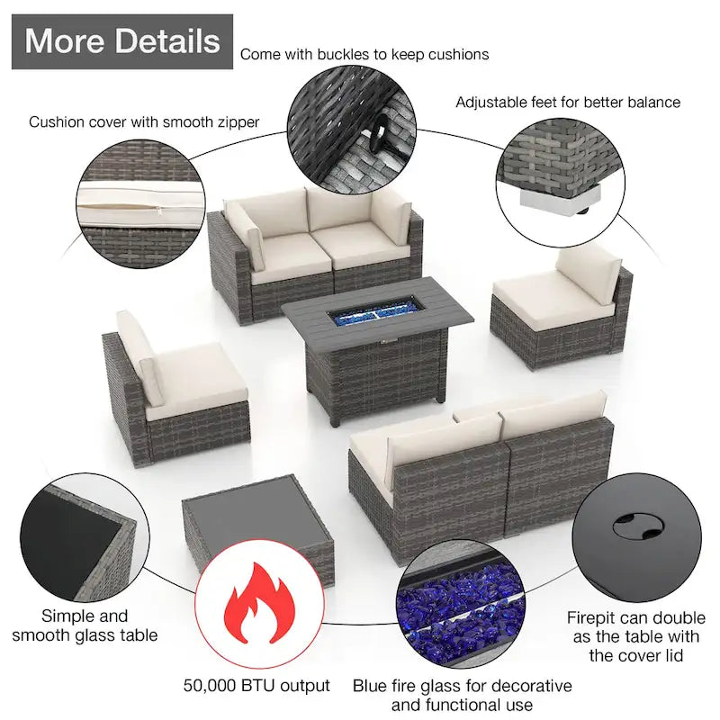 Outdoor 8 Pieces Sectional Wicker Sofa Set with Fire Pit