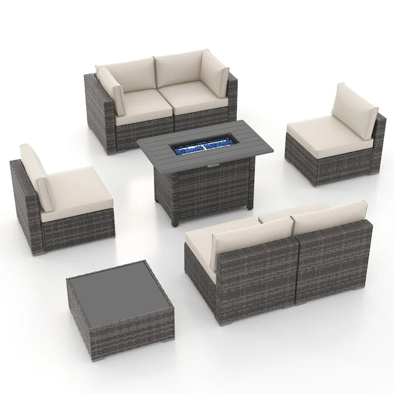 Outdoor 8 Pieces Sectional Wicker Sofa Set with Fire Pit