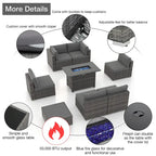 Outdoor 8 Pieces Sectional Wicker Sofa Set with Fire Pit