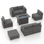Outdoor 8 Pieces Sectional Wicker Sofa Set with Fire Pit