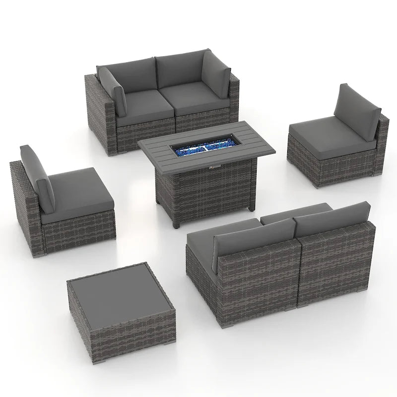 Outdoor 8 Pieces Sectional Wicker Sofa Set with Fire Pit