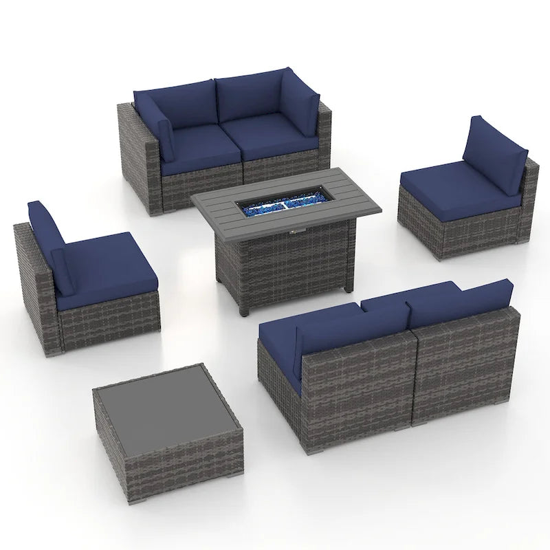 Outdoor 8 Pieces Sectional Wicker Sofa Set with Fire Pit