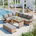 5-Piece Outdoor Patio Furniture Set, PE Wicker L-Shaped Sofa Set with 2 Extendable Side Tables, Dining Table and Bench