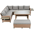 5-Piece Outdoor Patio Furniture Set, PE Wicker L-Shaped Sofa Set with 2 Extendable Side Tables, Dining Table and Bench