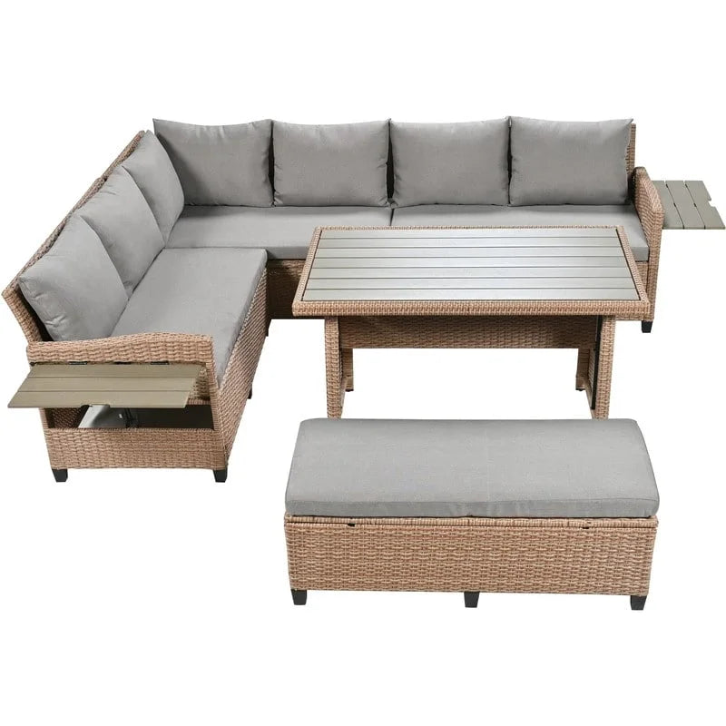 5-Piece Outdoor Patio Furniture Set, PE Wicker L-Shaped Sofa Set with 2 Extendable Side Tables, Dining Table and Bench