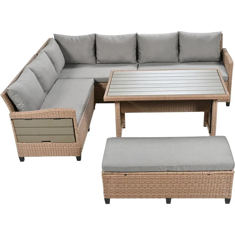 5-Piece Outdoor Patio Furniture Set, PE Wicker L-Shaped Sofa Set with 2 Extendable Side Tables, Dining Table and Bench