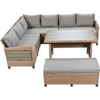 5-Piece Outdoor Patio Furniture Set, PE Wicker L-Shaped Sofa Set with 2 Extendable Side Tables, Dining Table and Bench