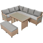 5-Piece Outdoor Patio Furniture Set, PE Wicker L-Shaped Sofa Set with 2 Extendable Side Tables, Dining Table and Bench