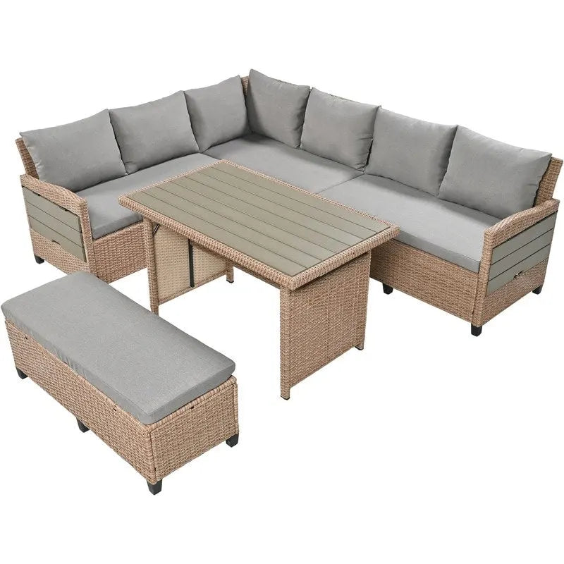 5-Piece Outdoor Patio Furniture Set, PE Wicker L-Shaped Sofa Set with 2 Extendable Side Tables, Dining Table and Bench