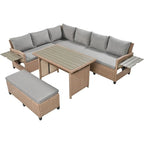 5-Piece Outdoor Patio Furniture Set, PE Wicker L-Shaped Sofa Set with 2 Extendable Side Tables, Dining Table and Bench