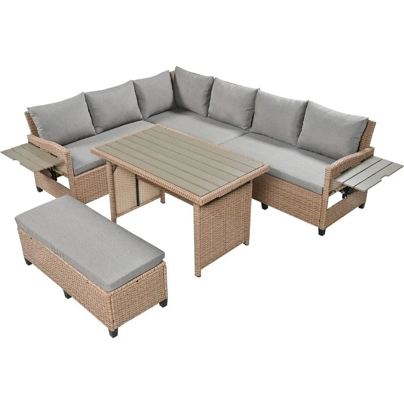 5-Piece Outdoor Patio Furniture Set, PE Wicker L-Shaped Sofa Set with 2 Extendable Side Tables, Dining Table and Bench