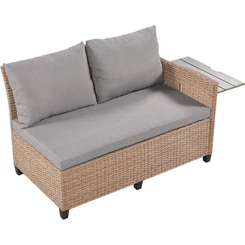 5-Piece Outdoor Patio Furniture Set, PE Wicker L-Shaped Sofa Set with 2 Extendable Side Tables, Dining Table and Bench