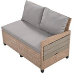 5-Piece Outdoor Patio Furniture Set, PE Wicker L-Shaped Sofa Set with 2 Extendable Side Tables, Dining Table and Bench