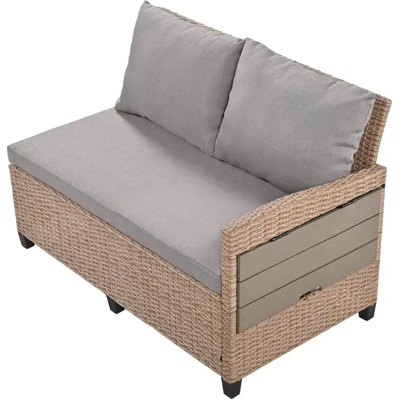 5-Piece Outdoor Patio Furniture Set, PE Wicker L-Shaped Sofa Set with 2 Extendable Side Tables, Dining Table and Bench