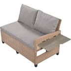 5-Piece Outdoor Patio Furniture Set, PE Wicker L-Shaped Sofa Set with 2 Extendable Side Tables, Dining Table and Bench