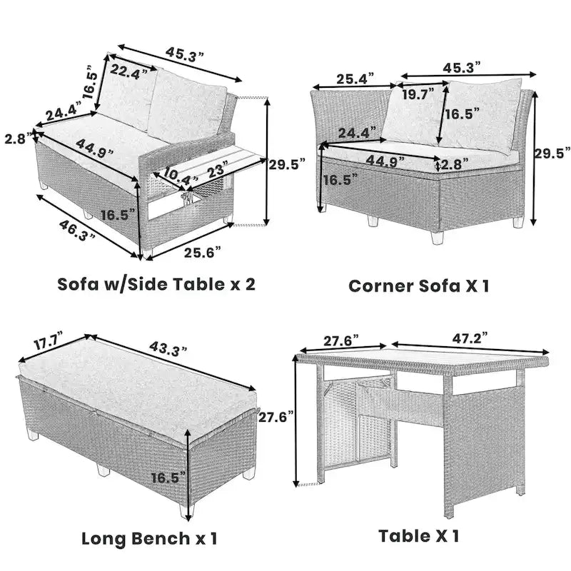 5-Piece Outdoor Patio Furniture Set, PE Wicker L-Shaped Sofa Set with 2 Extendable Side Tables, Dining Table and Bench