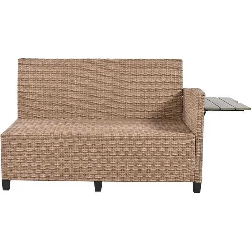 5-Piece Outdoor Patio Furniture Set, PE Wicker L-Shaped Sofa Set with 2 Extendable Side Tables, Dining Table and Bench