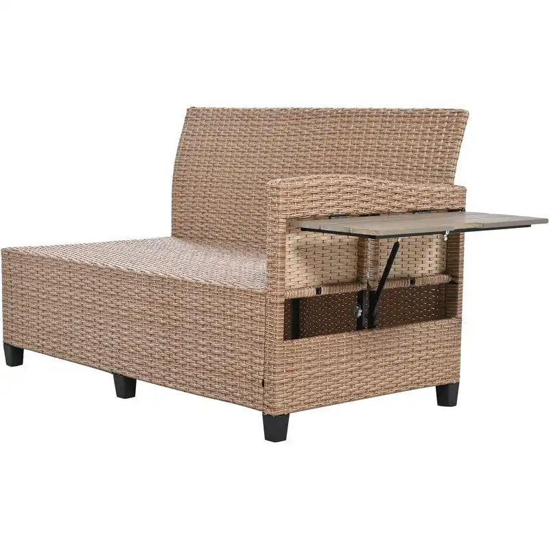 5-Piece Outdoor Patio Furniture Set, PE Wicker L-Shaped Sofa Set with 2 Extendable Side Tables, Dining Table and Bench
