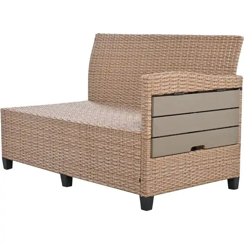 5-Piece Outdoor Patio Furniture Set, PE Wicker L-Shaped Sofa Set with 2 Extendable Side Tables, Dining Table and Bench