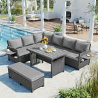 5-Piece Outdoor Patio Furniture Set, PE Wicker L-Shaped Sofa Set with 2 Extendable Side Tables, Dining Table and Bench