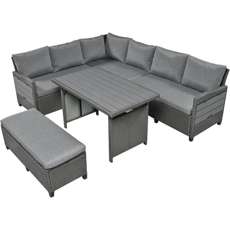 5-Piece Outdoor Patio Furniture Set, PE Wicker L-Shaped Sofa Set with 2 Extendable Side Tables, Dining Table and Bench