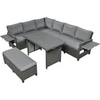 5-Piece Outdoor Patio Furniture Set, PE Wicker L-Shaped Sofa Set with 2 Extendable Side Tables, Dining Table and Bench