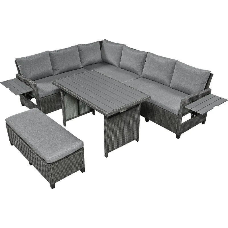 5-Piece Outdoor Patio Furniture Set, PE Wicker L-Shaped Sofa Set with 2 Extendable Side Tables, Dining Table and Bench