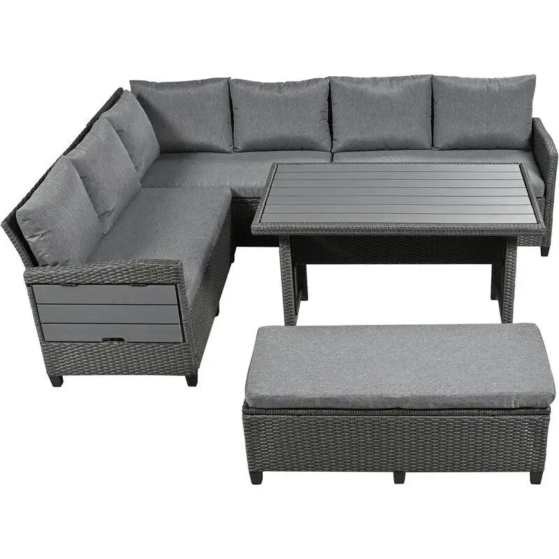 5-Piece Outdoor Patio Furniture Set, PE Wicker L-Shaped Sofa Set with 2 Extendable Side Tables, Dining Table and Bench