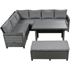 5-Piece Outdoor Patio Furniture Set, PE Wicker L-Shaped Sofa Set with 2 Extendable Side Tables, Dining Table and Bench