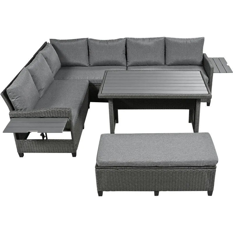 5-Piece Outdoor Patio Furniture Set, PE Wicker L-Shaped Sofa Set with 2 Extendable Side Tables, Dining Table and Bench