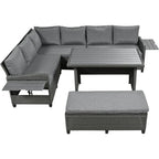 5-Piece Outdoor Patio Furniture Set, PE Wicker L-Shaped Sofa Set with 2 Extendable Side Tables, Dining Table and Bench