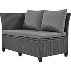5-Piece Outdoor Patio Furniture Set, PE Wicker L-Shaped Sofa Set with 2 Extendable Side Tables, Dining Table and Bench