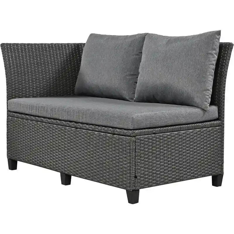 5-Piece Outdoor Patio Furniture Set, PE Wicker L-Shaped Sofa Set with 2 Extendable Side Tables, Dining Table and Bench