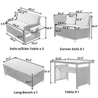 5-Piece Outdoor Patio Furniture Set, PE Wicker L-Shaped Sofa Set with 2 Extendable Side Tables, Dining Table and Bench