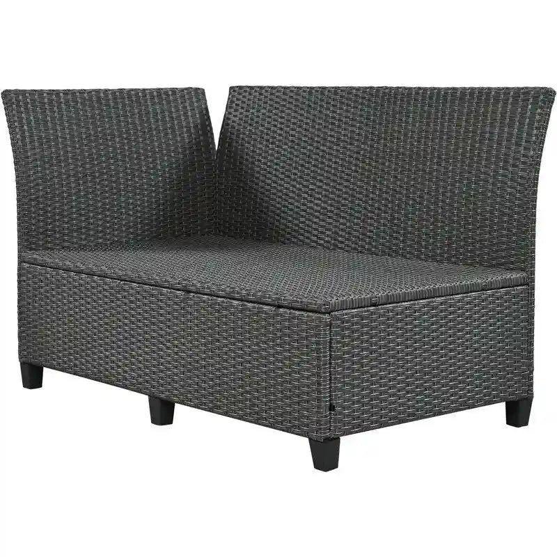 5-Piece Outdoor Patio Furniture Set, PE Wicker L-Shaped Sofa Set with 2 Extendable Side Tables, Dining Table and Bench