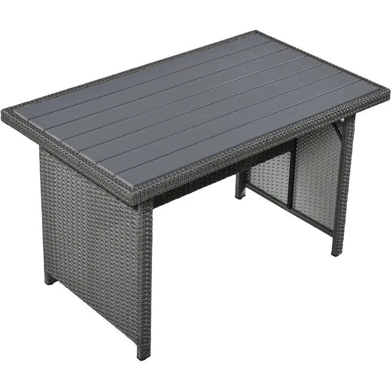 5-Piece Outdoor Patio Furniture Set, PE Wicker L-Shaped Sofa Set with 2 Extendable Side Tables, Dining Table and Bench