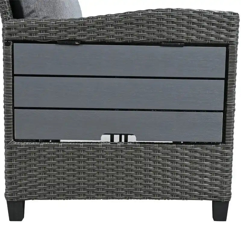 5-Piece Outdoor Patio Furniture Set, PE Wicker L-Shaped Sofa Set with 2 Extendable Side Tables, Dining Table and Bench