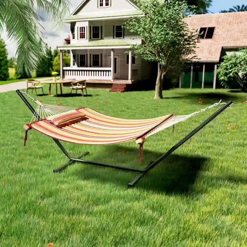 VEIKOUS 12 ft. Quilted Camping Portable Hammock with Stand and Detachable Pillow for 2-Person