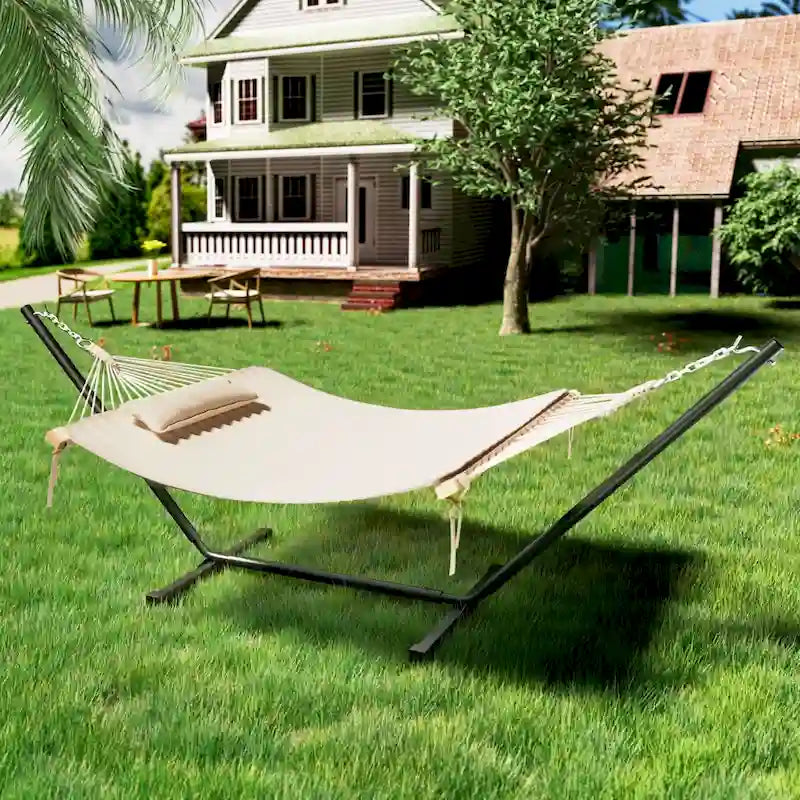 VEIKOUS 12 ft. Quilted Camping Portable Hammock with Stand and Detachable Pillow for 2-Person